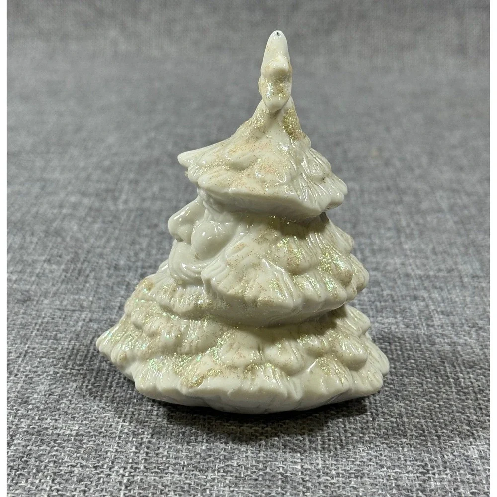 Santa Claus Christmas Tree Figurine White Gold Glitter Ceramic Kitsch Holiday